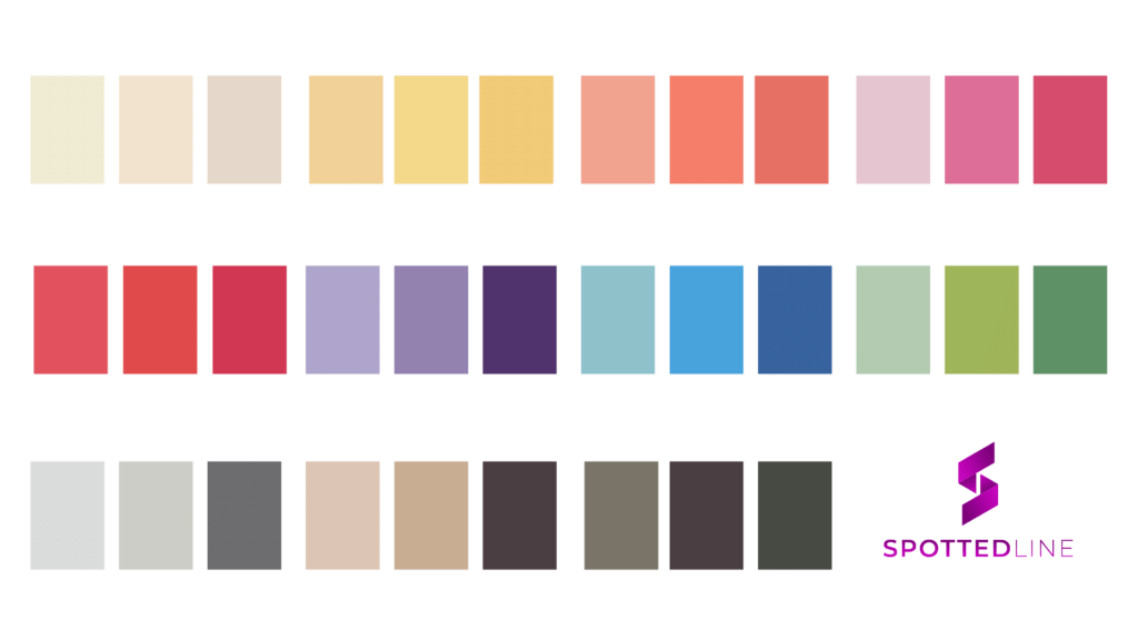 Light spring color palette with three colors for each basic color.