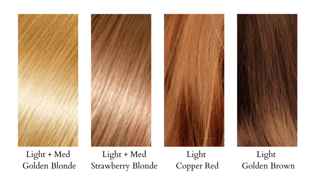 Hair color swatches for the light spring color season
