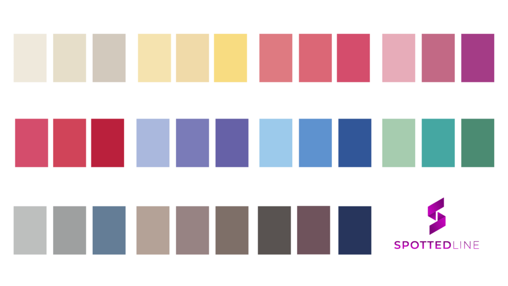Three rows of colors for the light summer color season palette