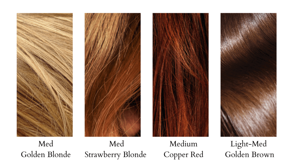 Four hair swatch samples in medium tones for warm spring
