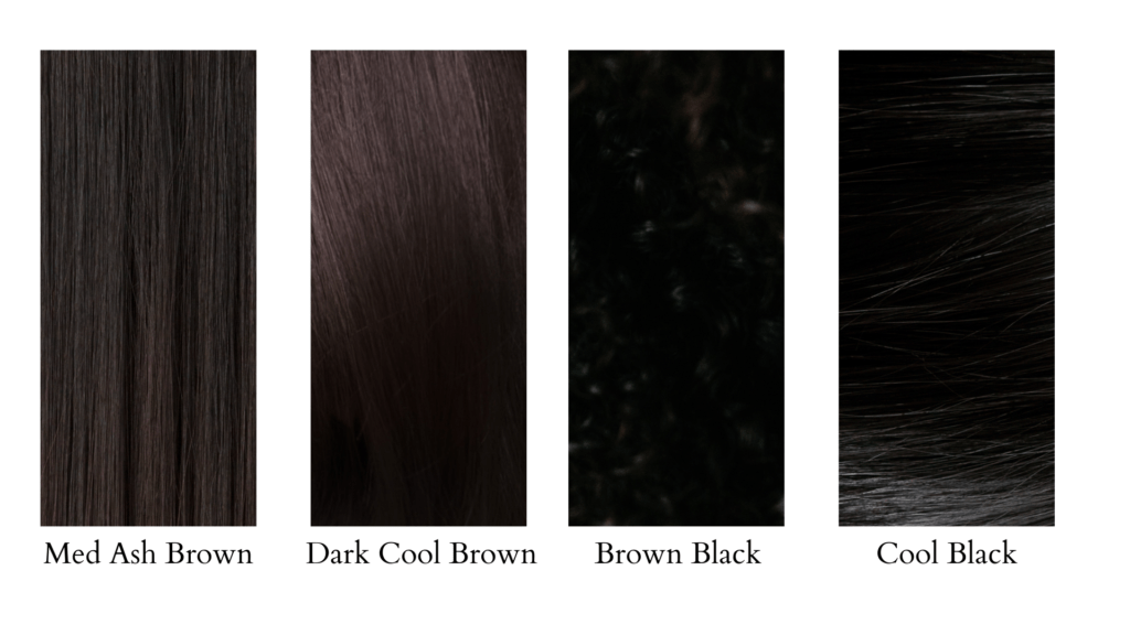 4 hair color examples from ash brown to cool black for the clear winter color season
