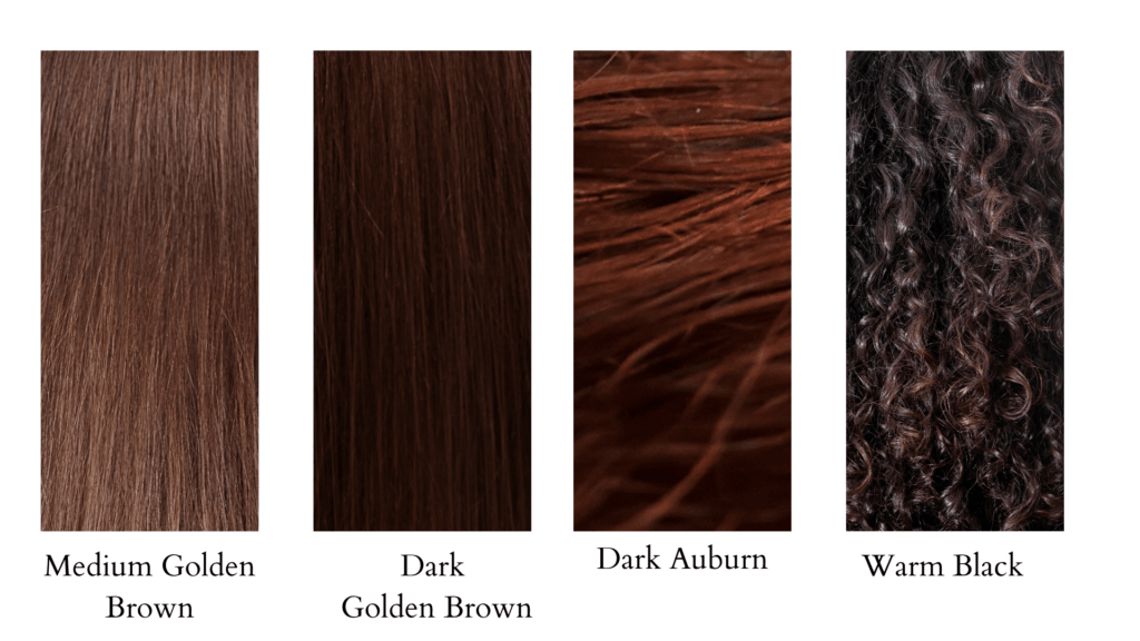 Dark Browns, Auburns, and Warm Black Hair Examples for the Dark Autumn Color Season