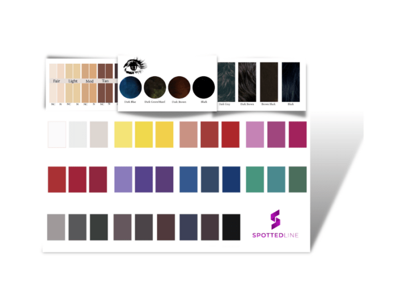 Deep winter color season color palette, eye colors, hair colors, and skin color examples