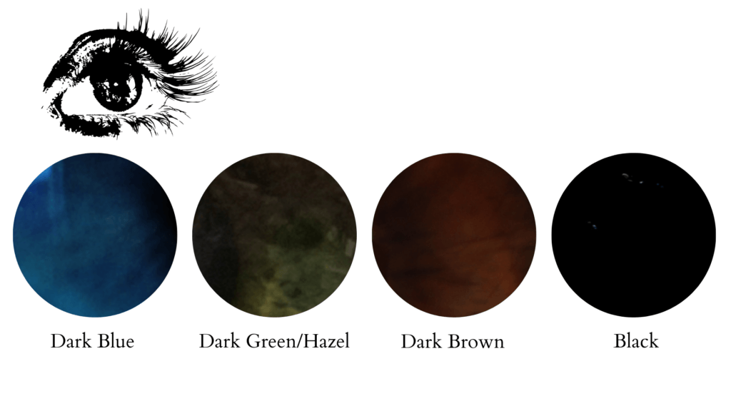 deep winter color season eye colors dark blue, dark green, dark brown, and dark black