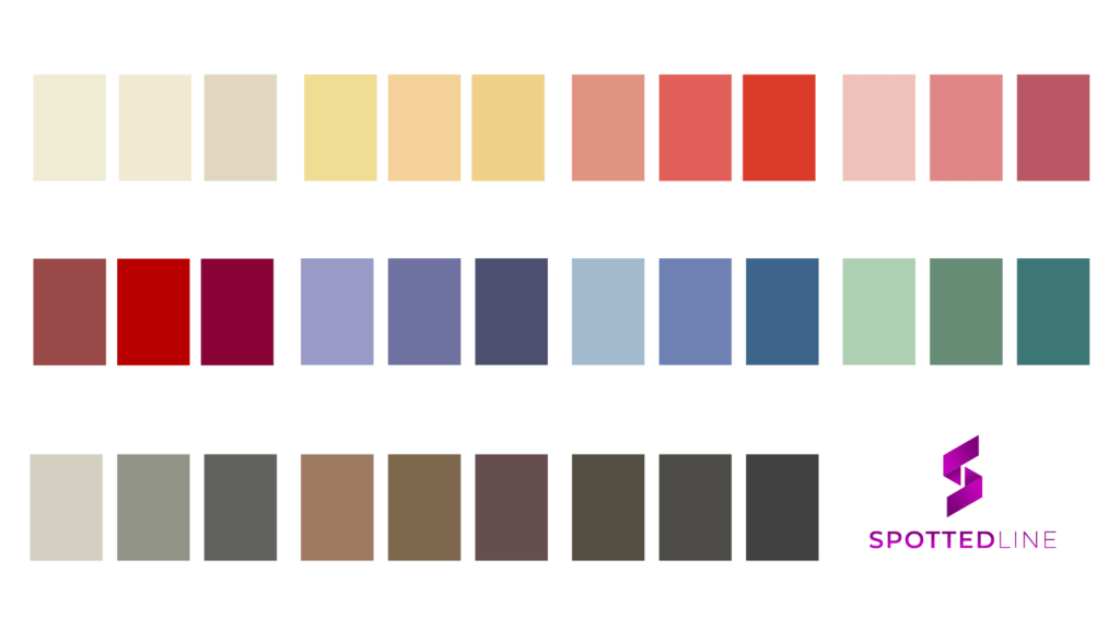 Color palette with 3 examples from each basic color for the soft autumn color season