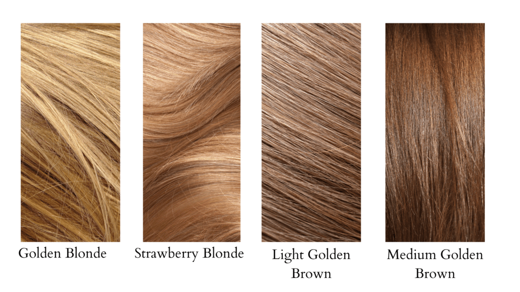 four golden tone examples of blonde and brown hair for the soft autumn color season