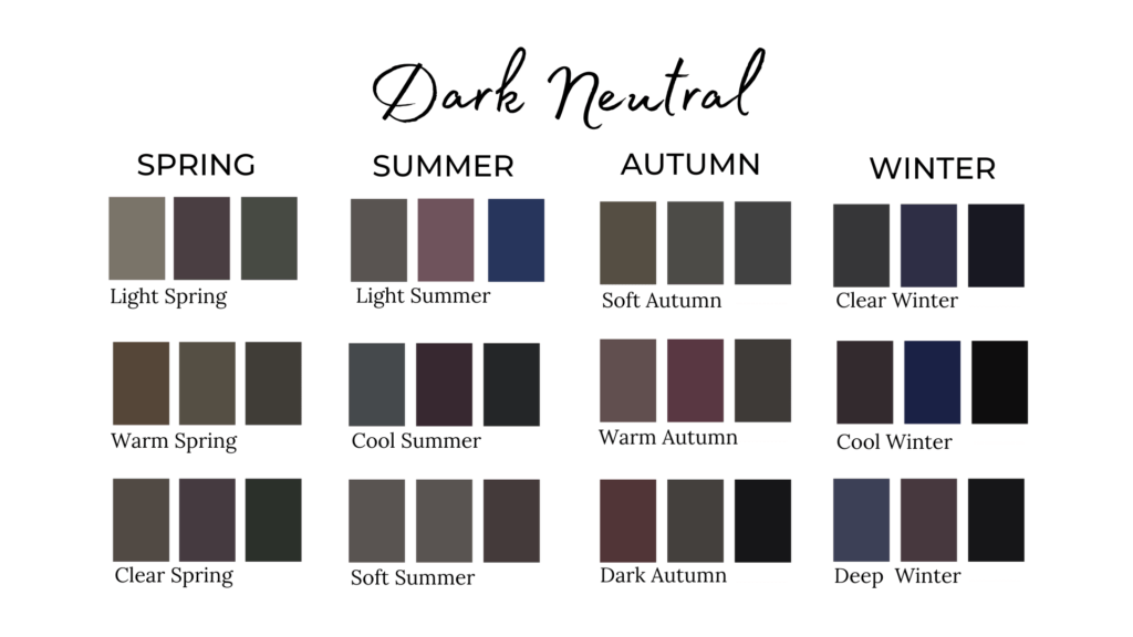 36 dark neutral color examples on color season palette