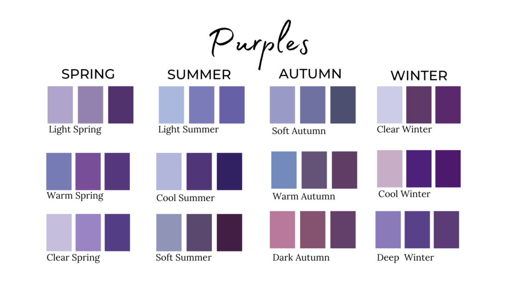 36 purple shades on color palette for 12 color seasons
