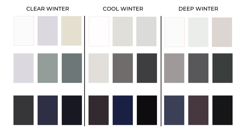 color options for white, gray, and dark - winter color palette.
