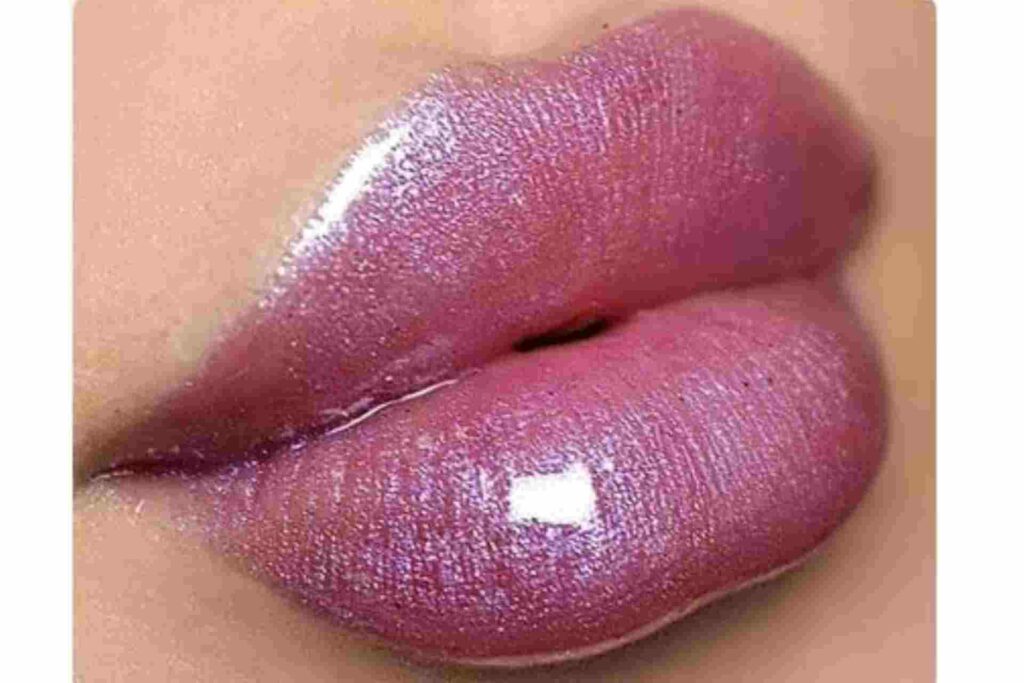 Pink Lipstick with blue glitter gloss blue makeup