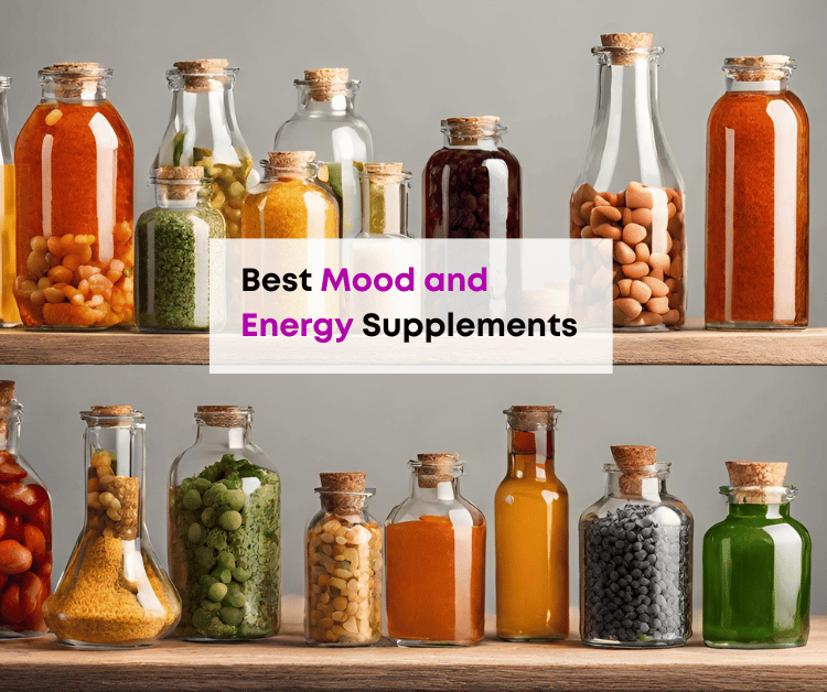 mood and energy supplements in glass bottles