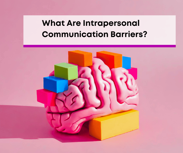 A drawing of a pink brain with colorful blocks that showcase the answer to the question what are intrapersonal communication barriers